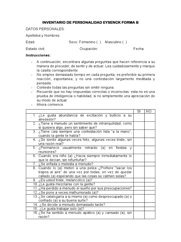 Inventario de Personalidad Eysenck B | PDF