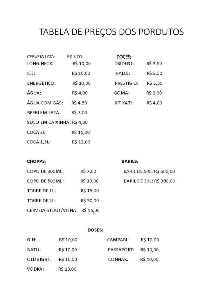 Tabela Dos Preços | PDF
