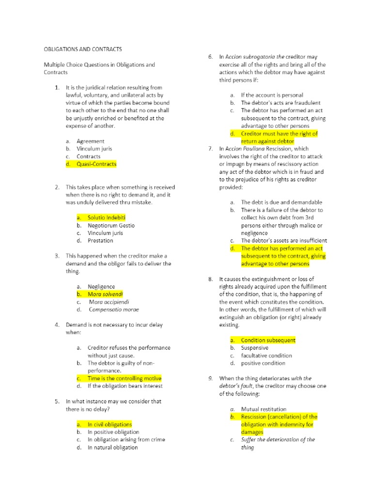 Law On Obligations and Contracts Multiple Choice | PDF