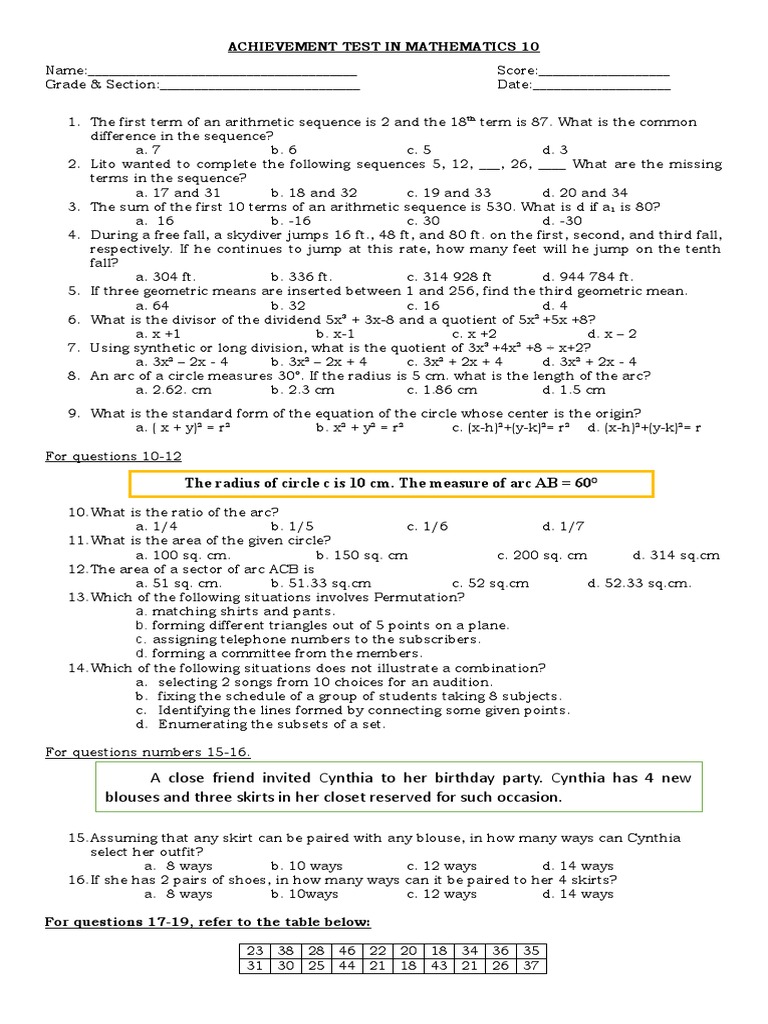 Achievement Test in Mathematics 10 | Download Free PDF | Percentile ...