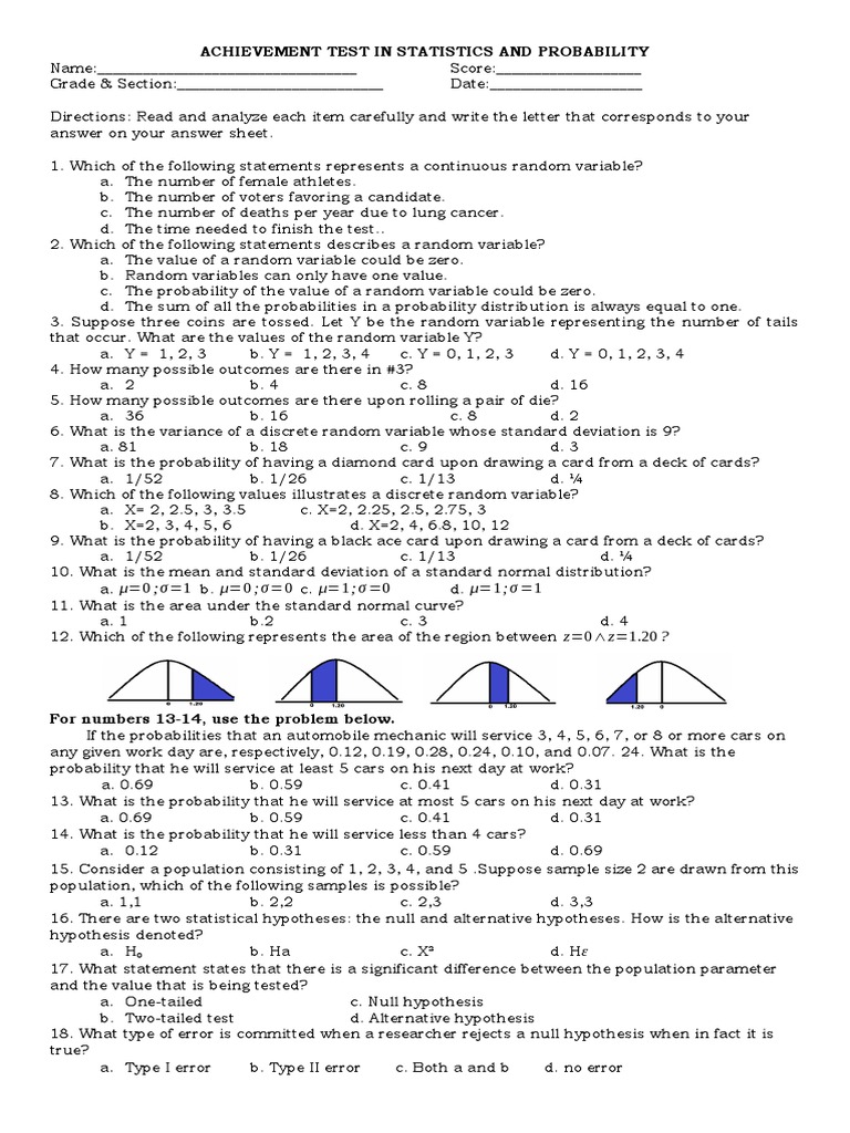Achievement Test in Statistics and Probability | PDF