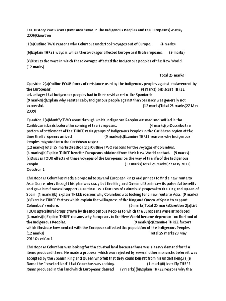 CXC History Past Paper: Indigenous Peoples & Columbus | PDF | European ...