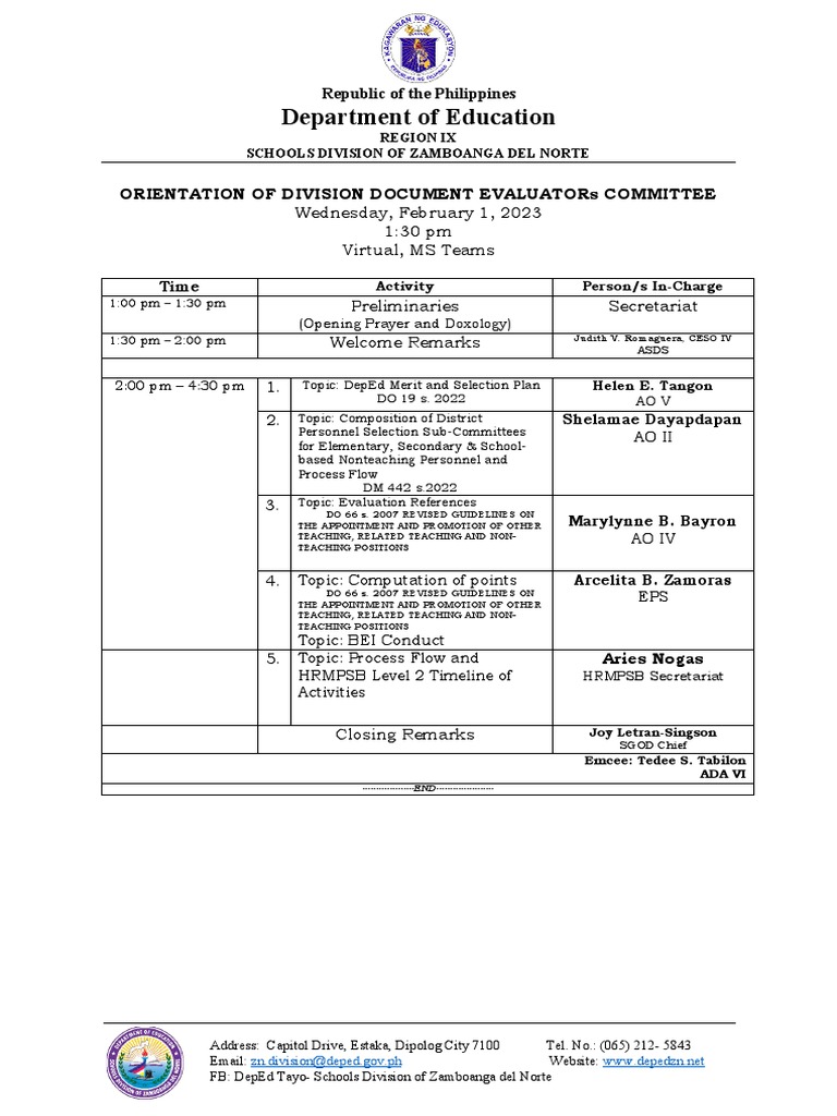 DepEd Zamboanga Norte Orientation Agenda | PDF