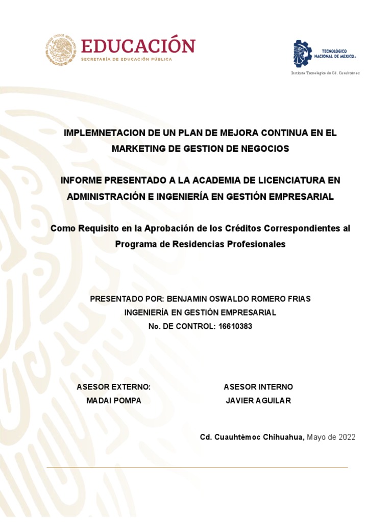 Implementacion de Un Plan de Mejora Continua en El Marketing de Gestion ...