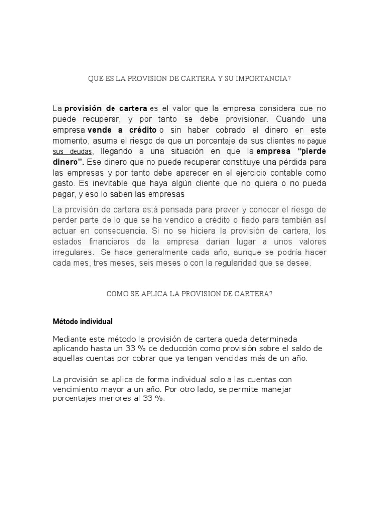 Provisión de Cartera: Definición y Métodos | PDF | Contabilidad ...