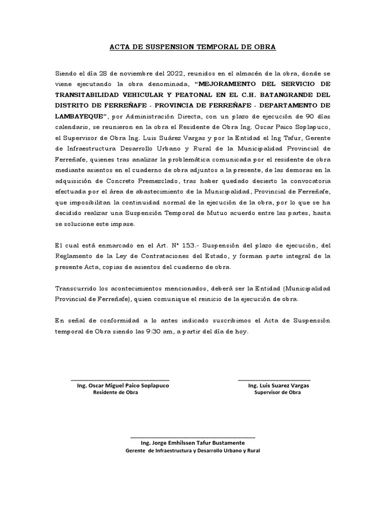 Acta de Suspension Temporal de Obra PDF