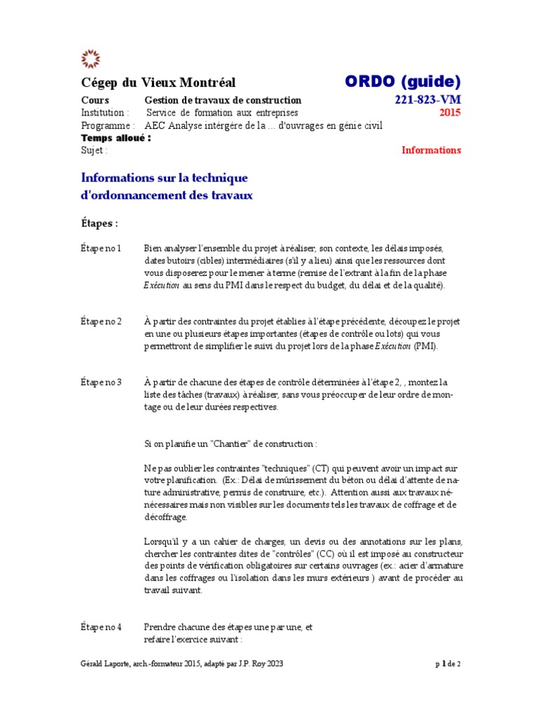 Guide d'ordonnancement des travaux de construction | PDF ...