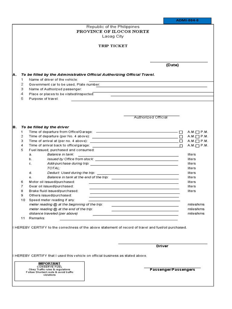 Admi 004 trip ticket pdf transportation engineering road transport