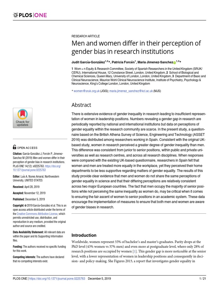 Men and Women Differ in Their Perception of Gender Bias in Research ...