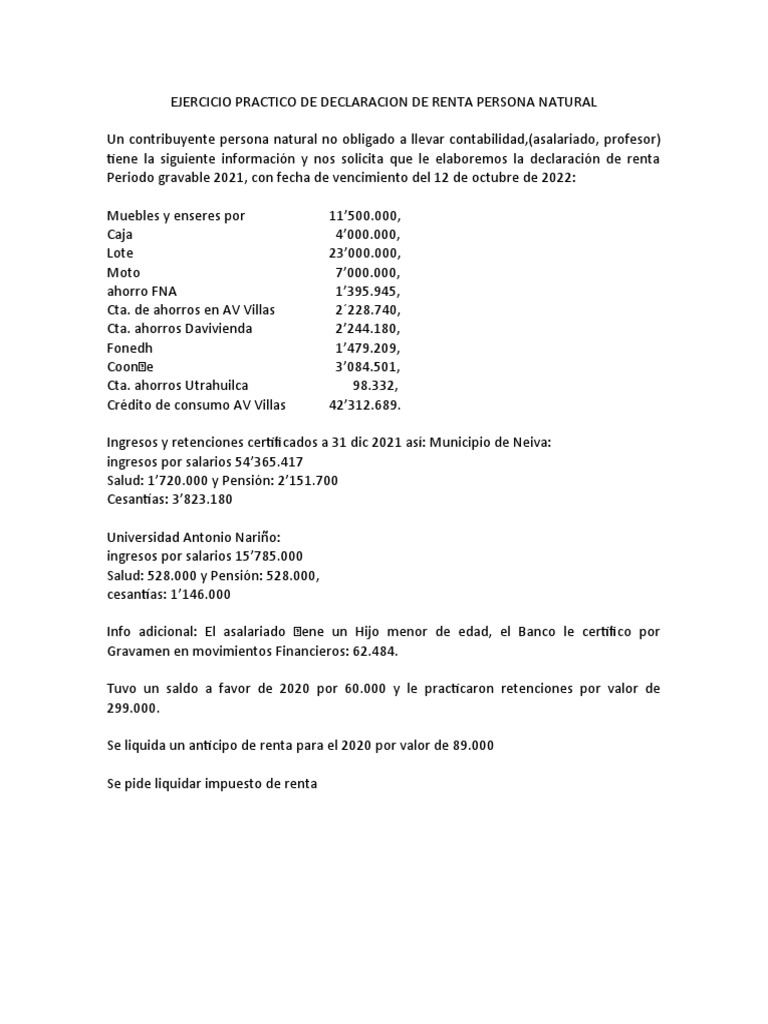 EJERCICIO PRACTICO DE DECLARACION DE RENTA PERSONA NATURAL 2 PDF
