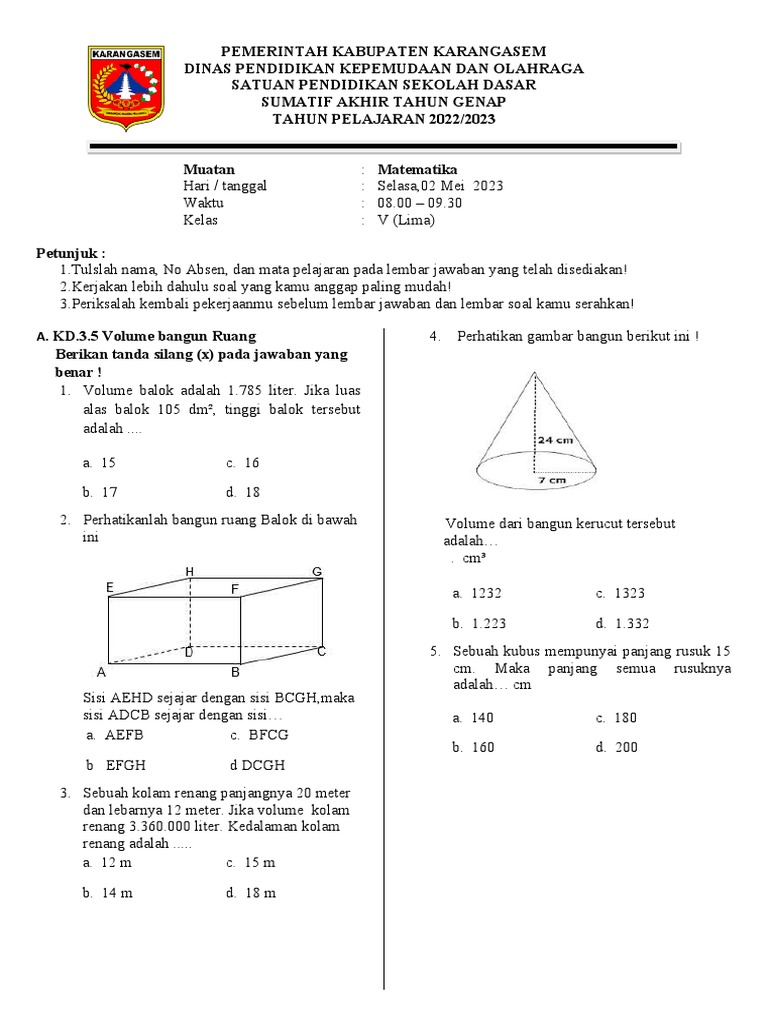 Soal Matematika Kelas 3 SD Semester 1 | PDF