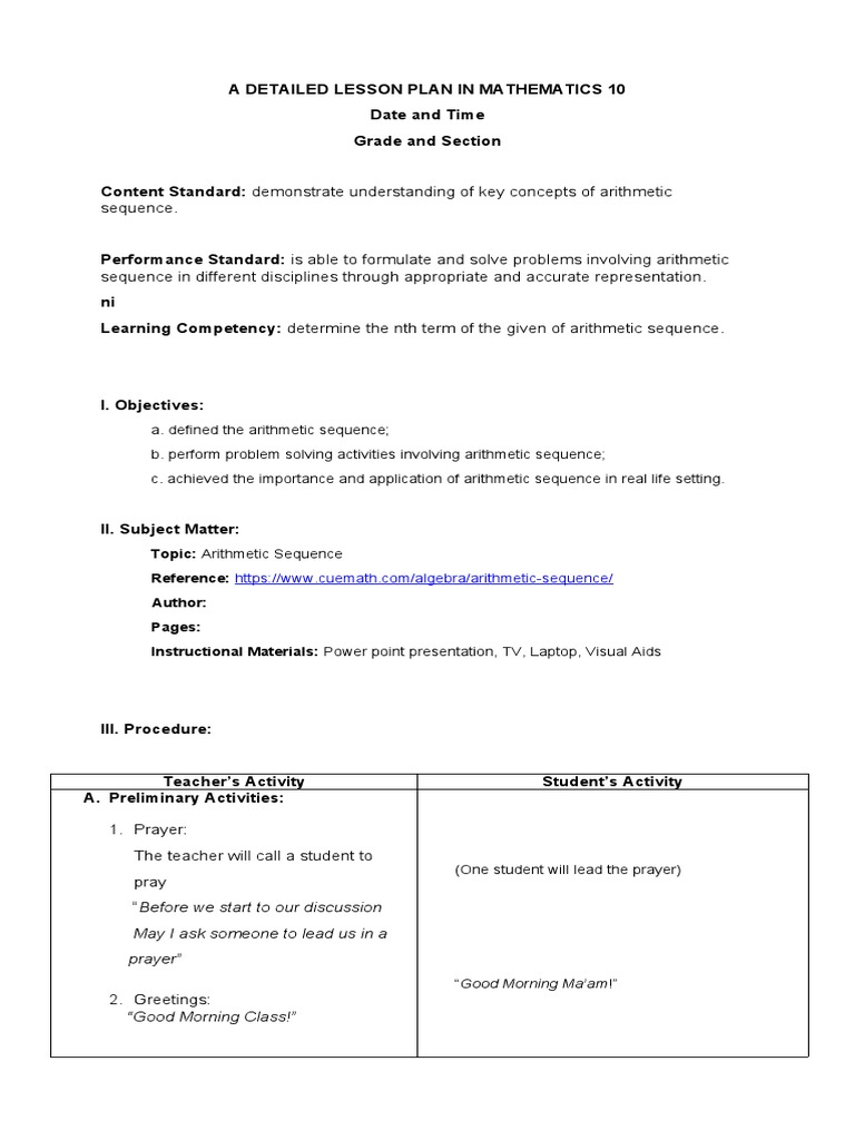 Detailed Lesson Plan Math 10 PDF Sequence Lesson Plan
