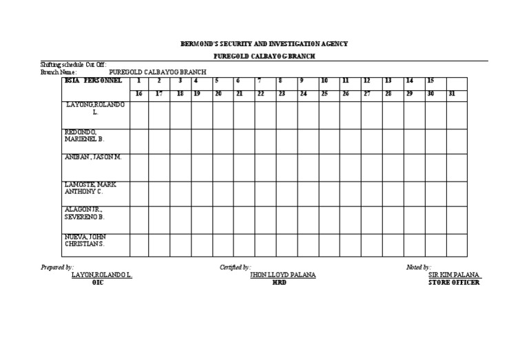 Security Shift Schedule | PDF