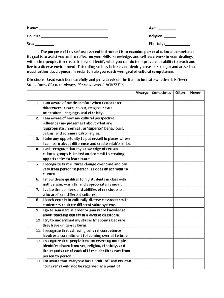 cultural self assessment assignment