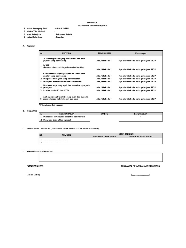 Formulir Stop Work Authority K3 | PDF