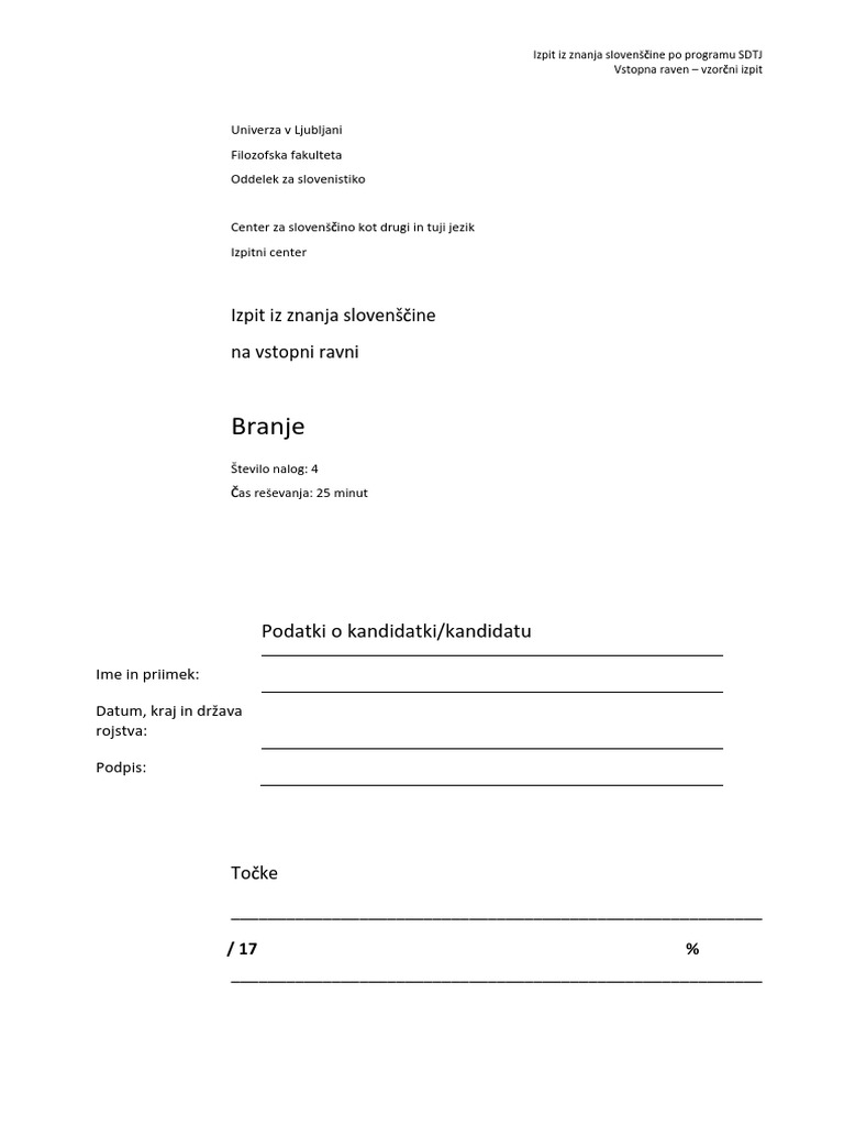 Vzorčni Izpit A1 Branje | PDF