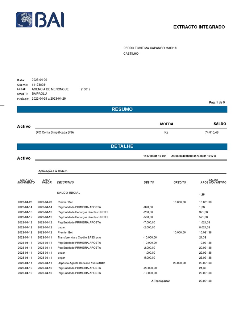 Extrato Bancário Banco Bai PDF Business Passivo (contabilidade