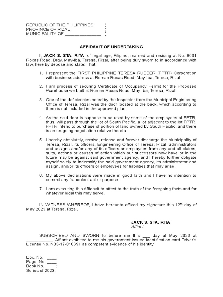 Free Affidavit Of Undertaking | Affidavit Template Free Download – ARFD