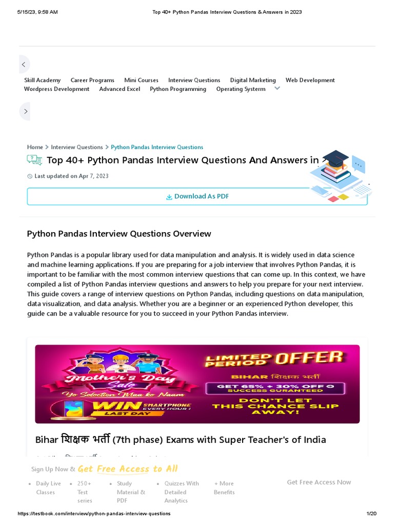 Python Pandas Interview Questions and Answers | PDF