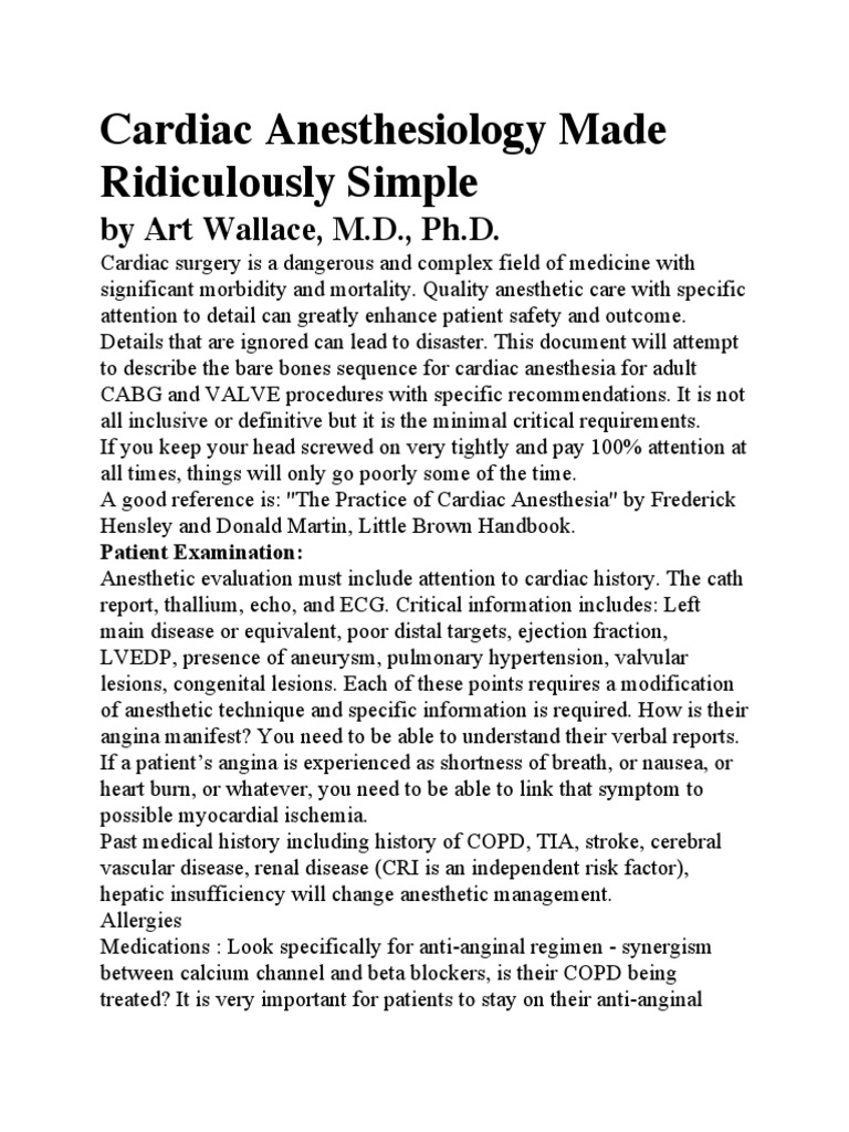 Cardiac Anesthesiology Made Ridiculously Simple | PDF