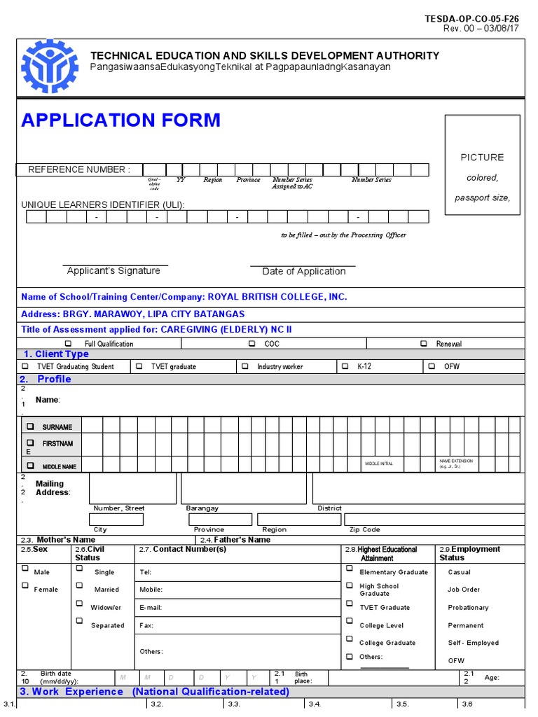 TESDAOPCO05F26ApplicationForm2 Fbs PDF