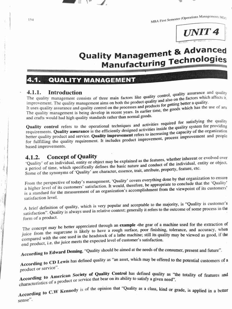 Unit 4.. Quality Management and Advanced Manufacturing Technologies PDF