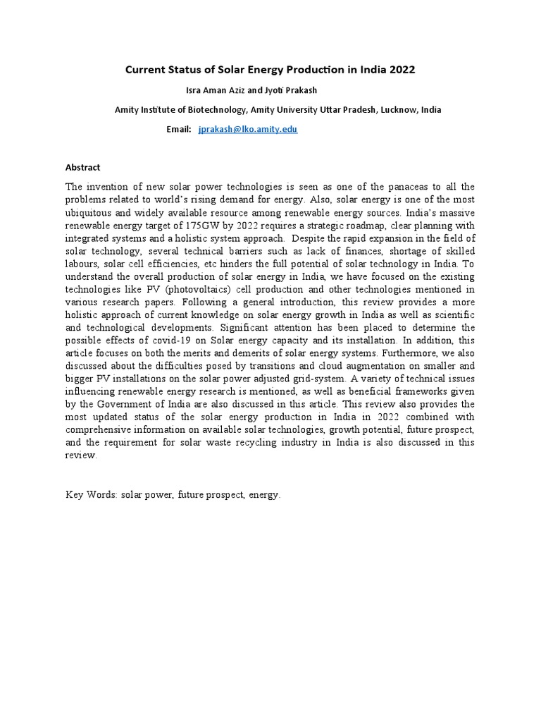Current Status of Solar Energy Production in India 2022 | PDF