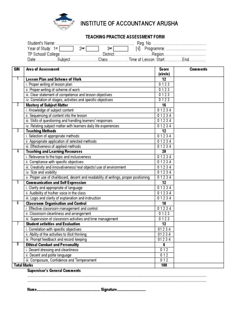 Teaching Practice Assessment Form | PDF