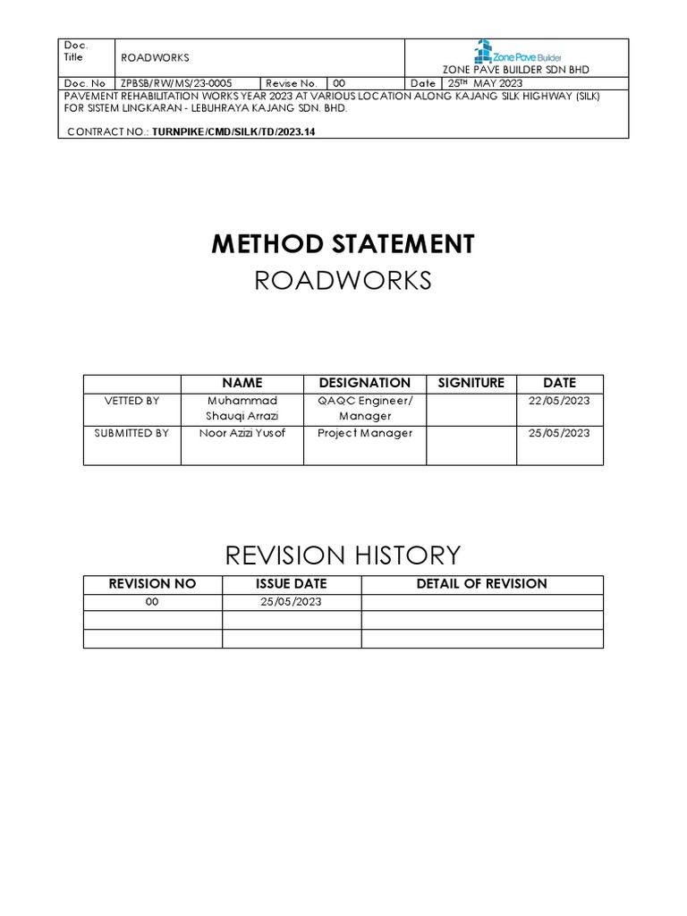 Roadwork Method Statement for SILK | PDF | Road Surface | Asphalt
