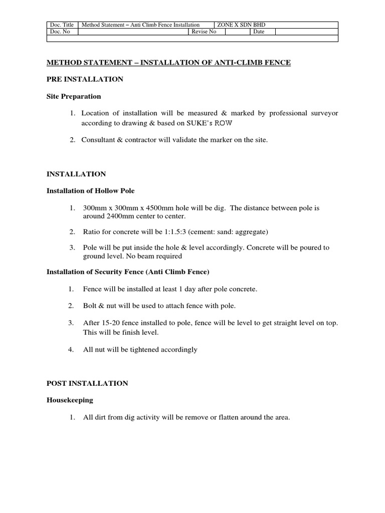 Anti-Climb Fence Installation Method Statement | PDF