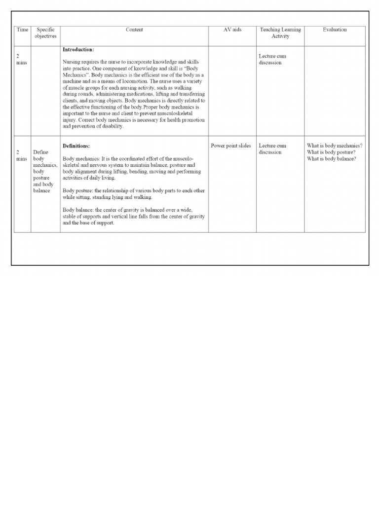 Body Mechanics Lesson Plan PDF