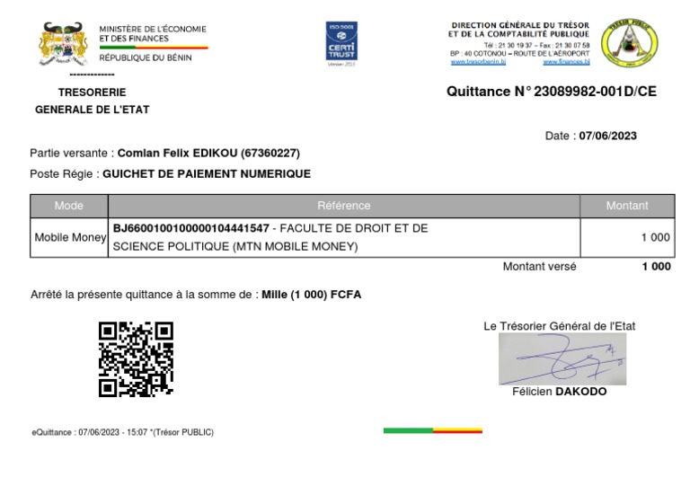 Quittance de Paiement Trésor Public | PDF