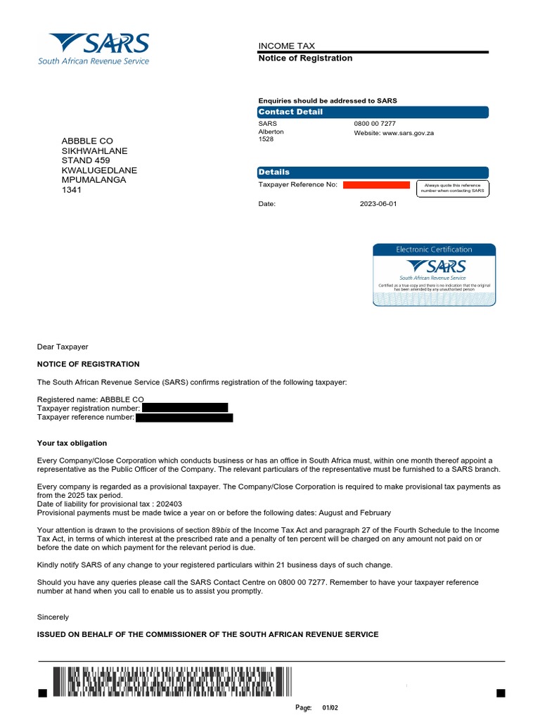 SARS TAX Notice of Registration PDF Taxes Taxpayer