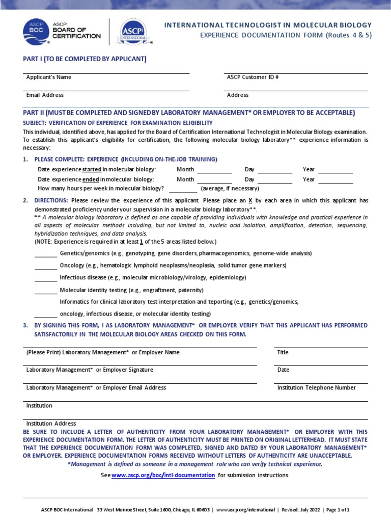 ASCP Molecular Biology Experience Form | PDF | Molecular Biology | Genomics