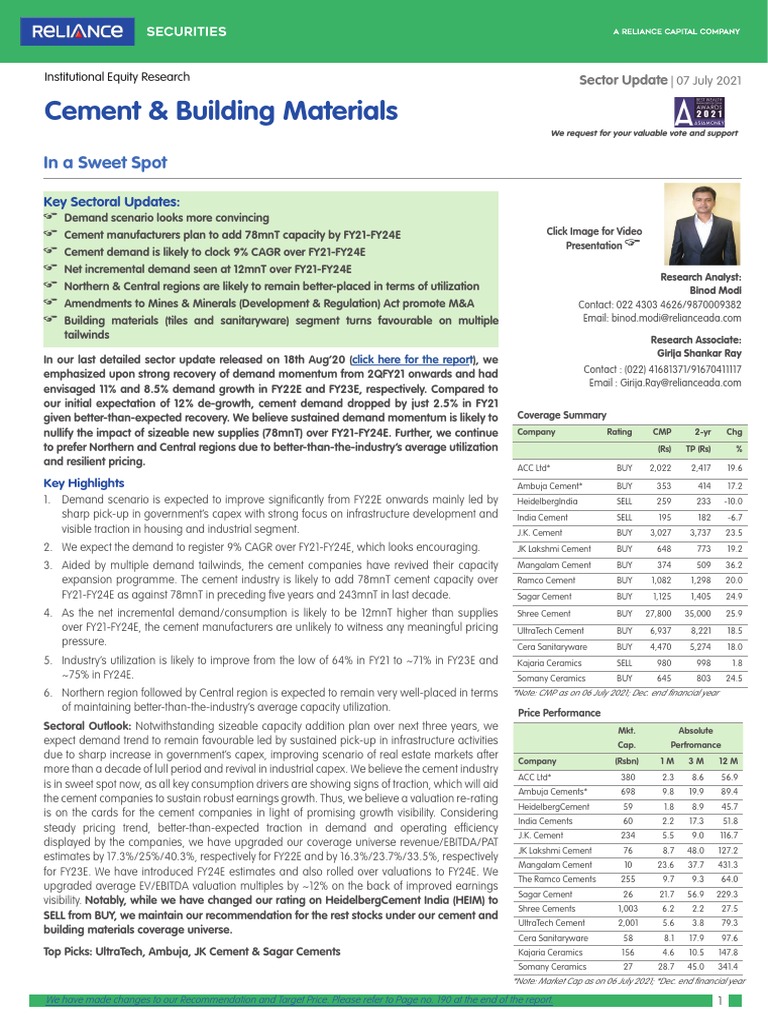 Cement Sector Update Reliance Sec July 2021 PDF Valuation