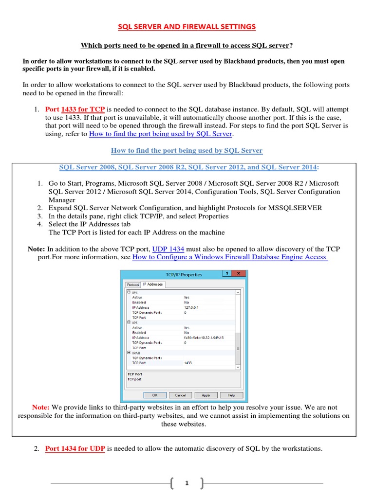 SQL Server and Firewall Settings | PDF