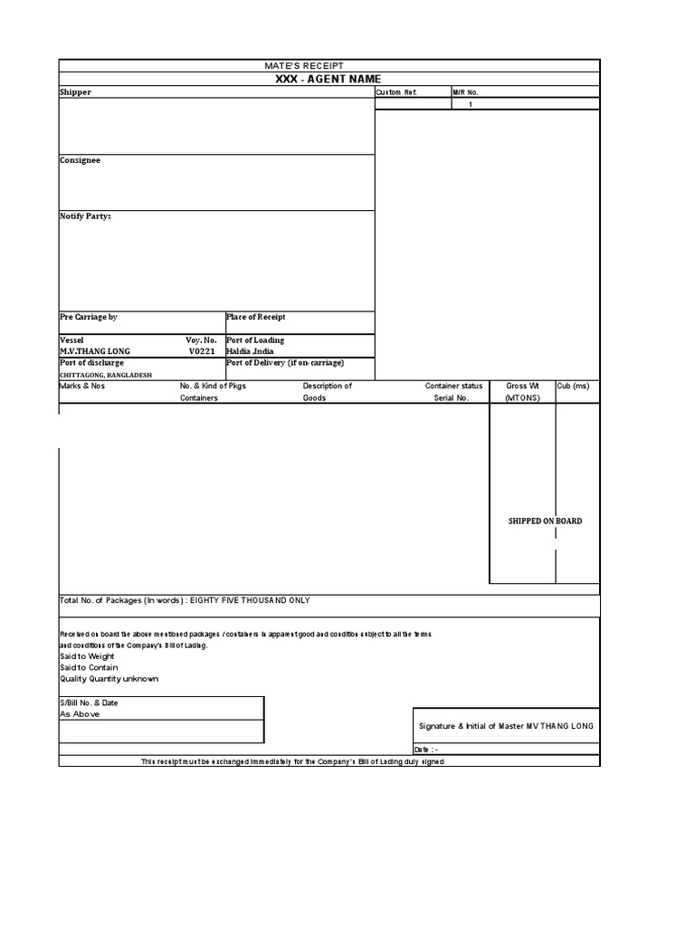 Mate Receipt Sample PDF
