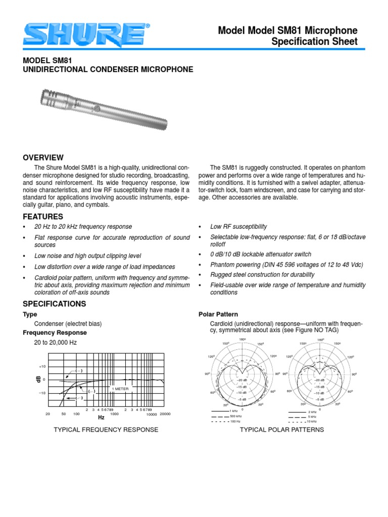 Shure SM81 Unidirectional Microphone | PDF | Microphone | Audio Electronics