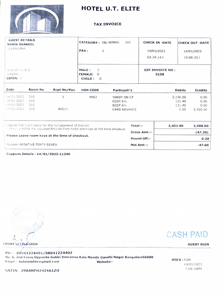Hotel Elite GST Invoice Details | PDF