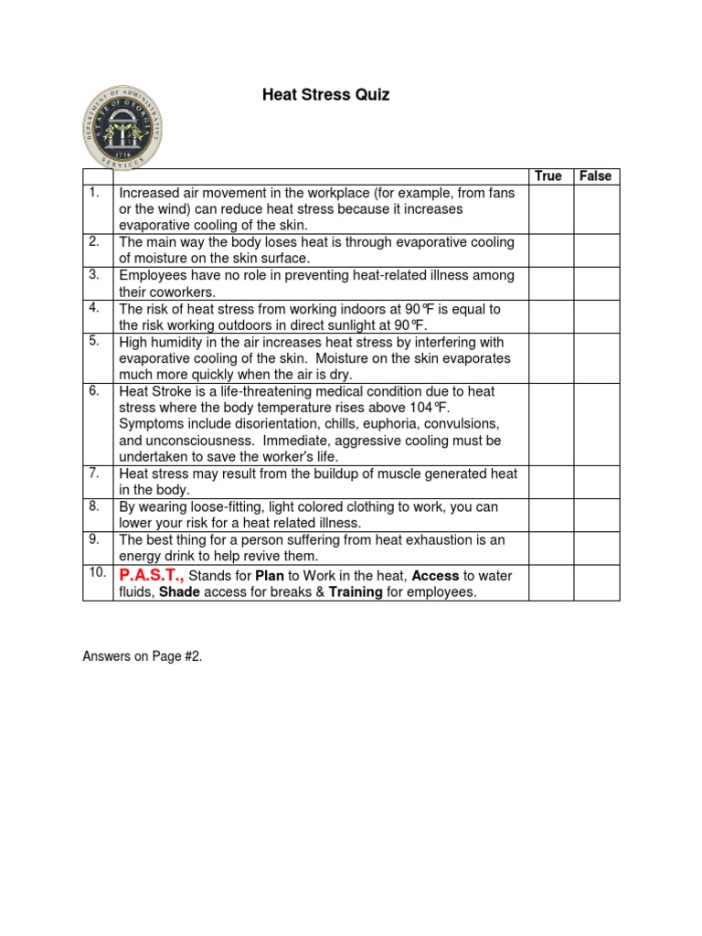 Heat Stress Quiz March 2016 (Final) PDF