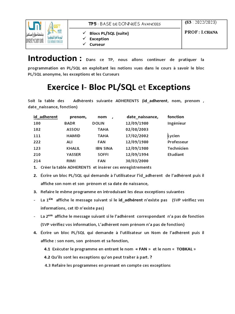 Pratique de PL/SQL et Gestion des Exceptions | PDF | Ordinateurs