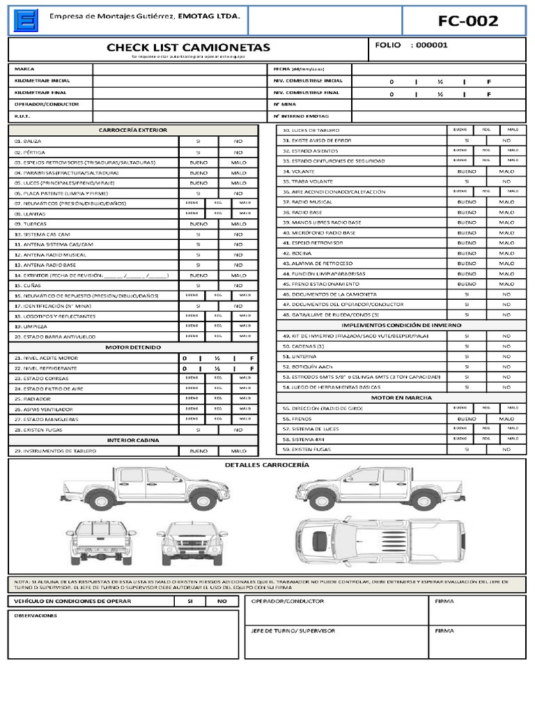 Check List Camioneta | PDF