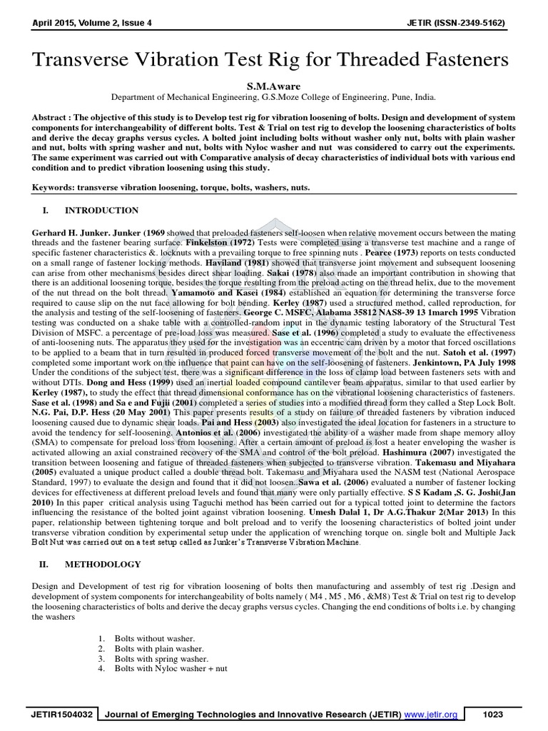 transverse vibration testing PDF Nut (Hardware) Washer (Hardware)