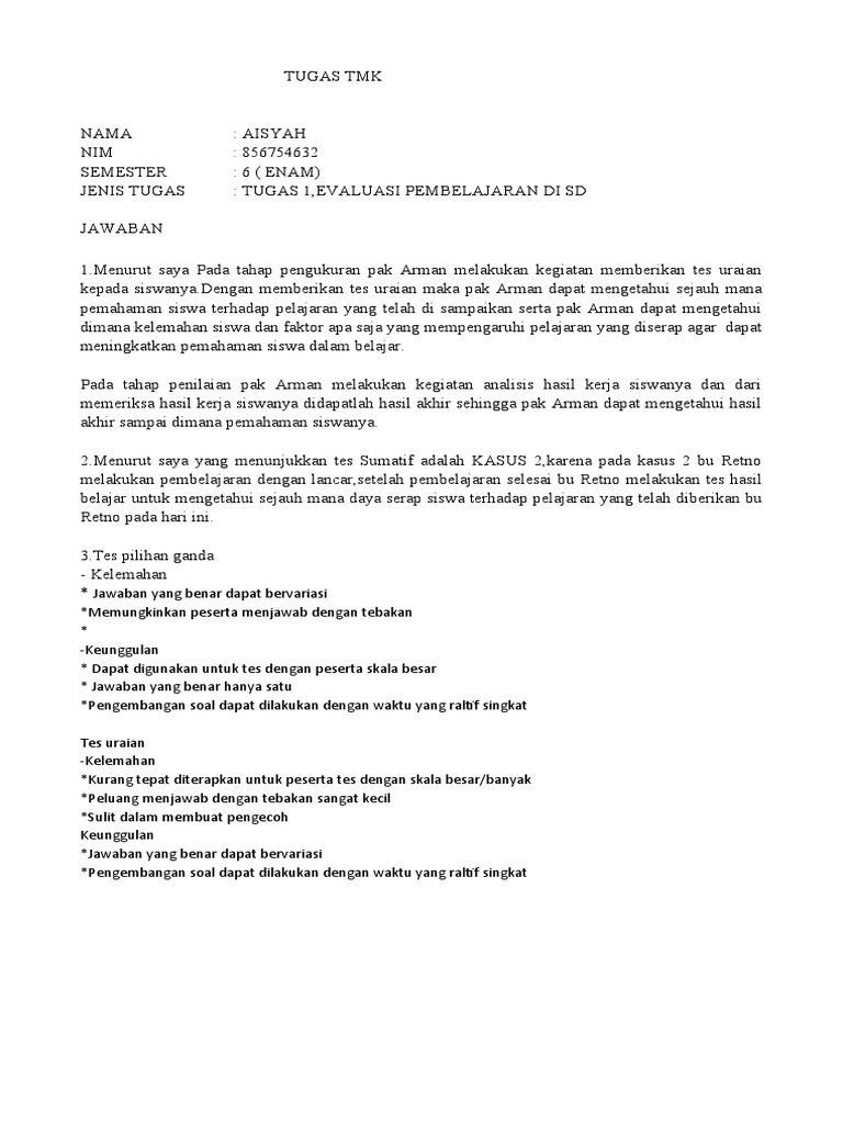 Evaluasi Pembelajaran di SD TMK 3 | PDF | Karier & Perkembangan ...