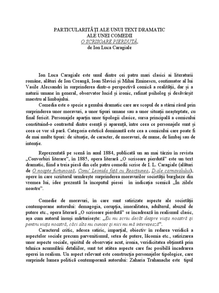 Eseu Particularități Ale Unui Text Dramatic o Scrisoare Pierdută | PDF