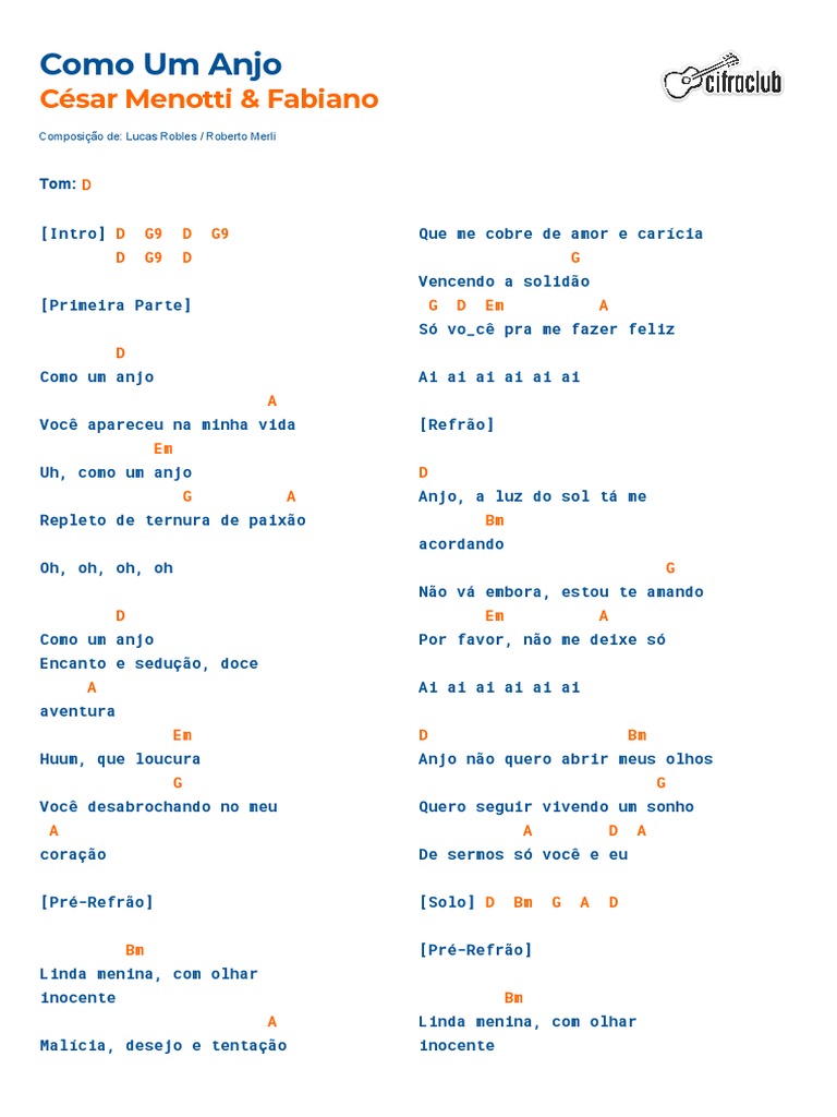 Cifra Club - César Menotti & Fabiano - Como Um Anjo | PDF