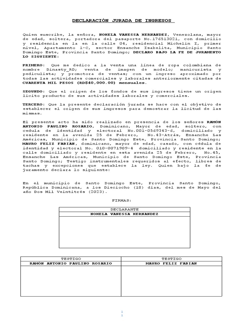 DECLARACION JURADA de Ingresos Elias | PDF