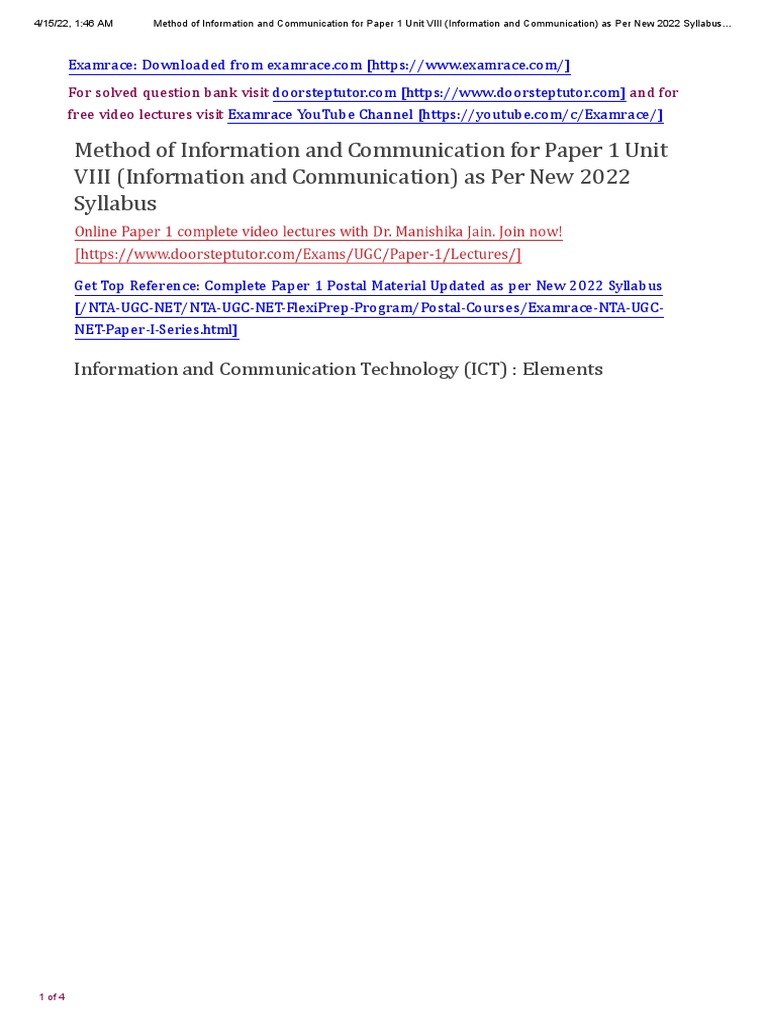 Unit VIII Information and Communication Technology ICT | PDF ...
