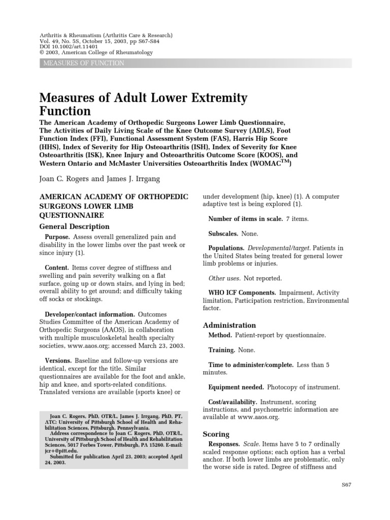Measures of Adult Lower Extremity Functi PDF Osteoarthritis