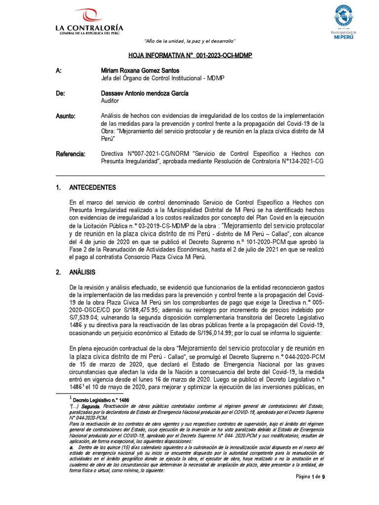 Hoja Informativa N.° MMM-2023-DAMG-OCI-MDMP - Plan Covid-19 Obra Plaza ...